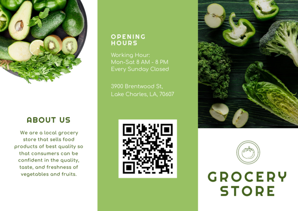 Green Fruits And Veggies In Grocery Store Brochure Modelo de Design