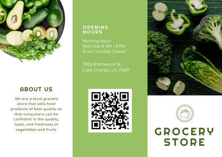 Zöld Gyümölcsök és Zöldségek Élelmiszerboltban Brochure tervezősablon