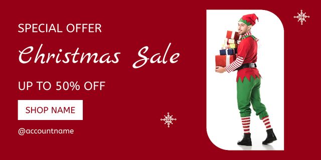 Cheerful Man in Christmas Elf Costume Carrying Presents Twitter Design Template