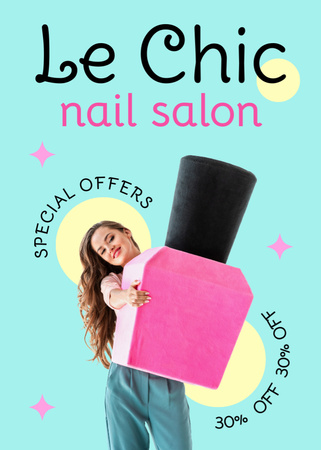 Nail Salon Ad with Smiling Woman Holding Big Pink Nail Polish Flayer Design Template