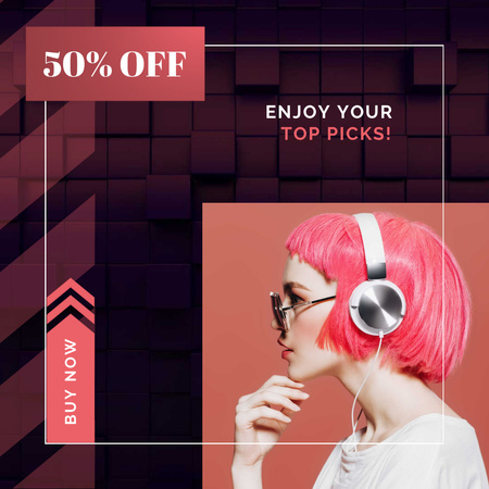 Electronics Offer Woman in Headphones on Pink Animated Post Design Template