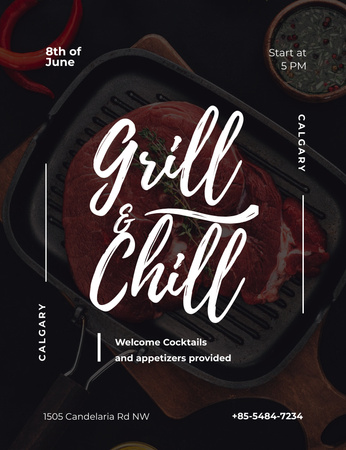 Platilla de diseño Raw Meat Steak On Grill Party Invitation 13.9x10.7cm