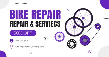 Знижка на послуги з ремонту велосипедів білого та фіолетового кольору Facebook AD – шаблон для дизайну