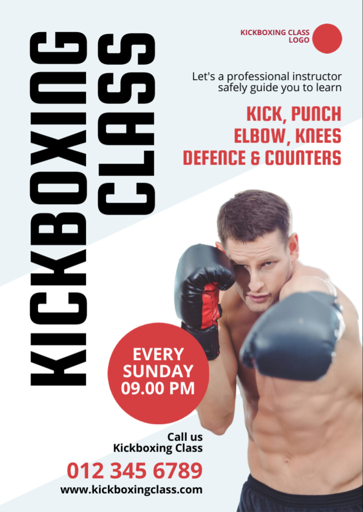 Kickboxing Training Announcement on White Flyer A6デザインテンプレート