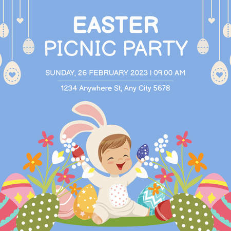 Easter Picnic Party Ad with Baby in Bunny Suit Instagram Design Template