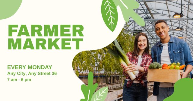 Smiling Farmers Offering Fresh Products at Market Facebook AD – шаблон для дизайна