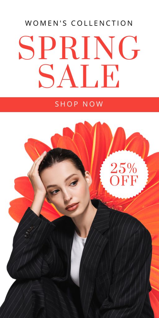 Spring Sale Announcement with Young Woman in Black Suit Graphic Modelo de Design
