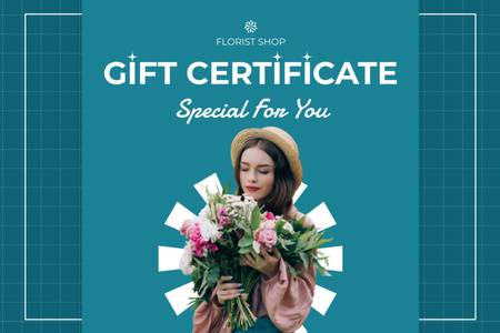 Template di design Buono regalo speciale con giovane donna attraente con fiori Gift Certificate