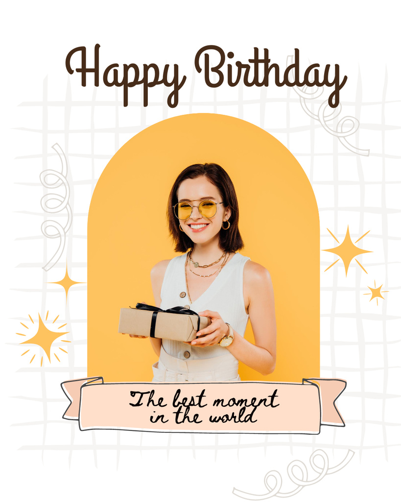Birthday Girl on White and Yellow Greeting Instagram Post Vertical Design Template