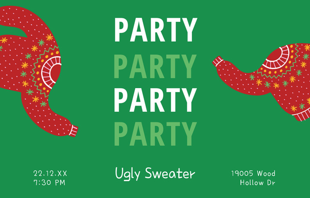 Designvorlage Ugly Sweater Party Announcement on Green and Red für Invitation 4.6x7.2in Horizontal
