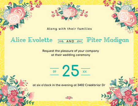 Wedding Announcement With Illustrated Flowers Invitation 13.9x10.7cm Horizontal tervezősablon