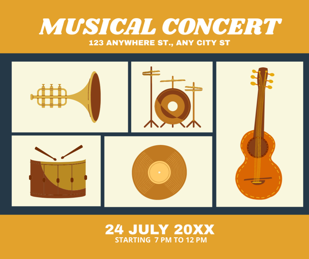 Music Concert Announcement with Various Musical Instruments Facebook Design Template