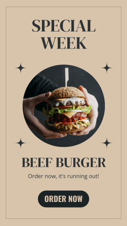 Oferta Especial Semanal de Comida com Hambúrguer de Carne Instagram Story Modelo de Design