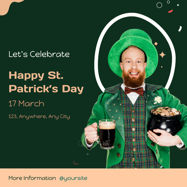 Patrick's Day with Bearded Man in Bright Green Hat Instagram Design Template