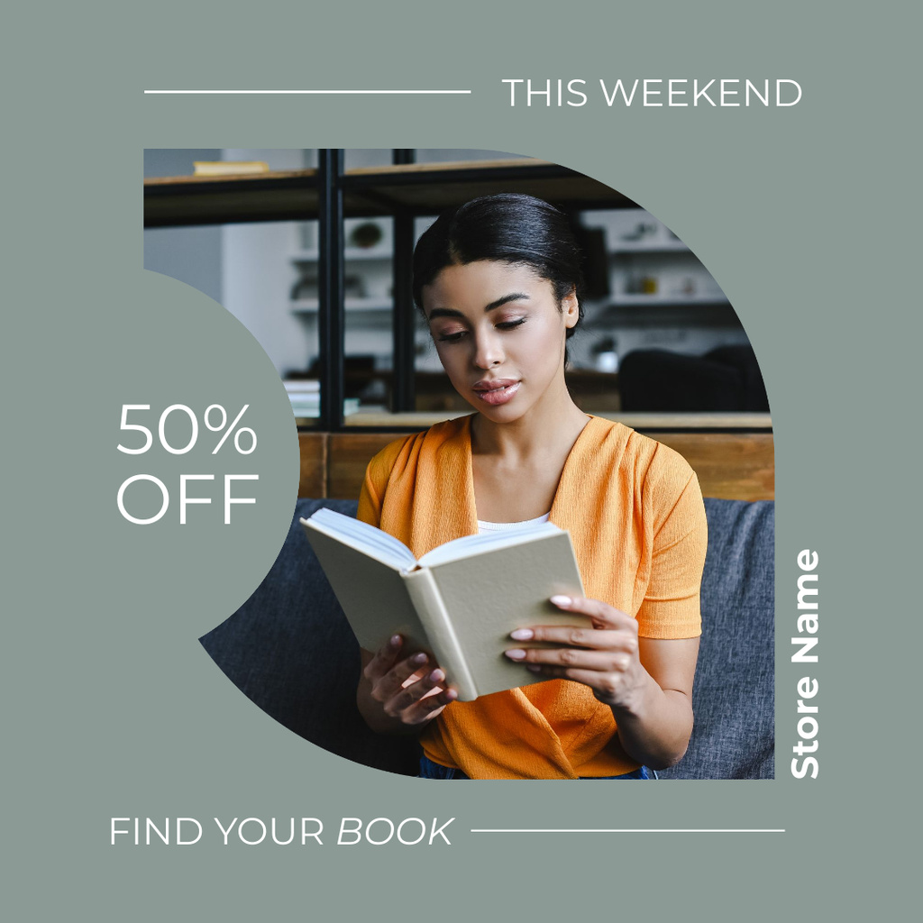 Designvorlage Discount Offer with Woman reading Book für Instagram