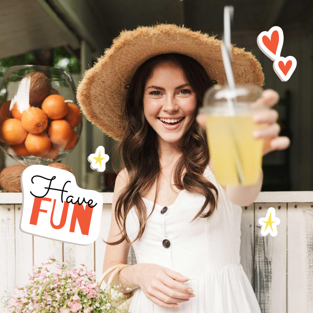 Smiling Woman with Juice Instagram Tasarım Şablonu