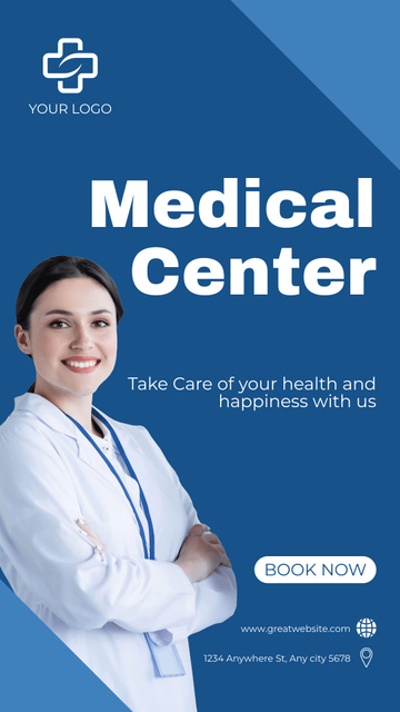 Template di design Medical Center Services with Smiling Doctor Instagram Video Story