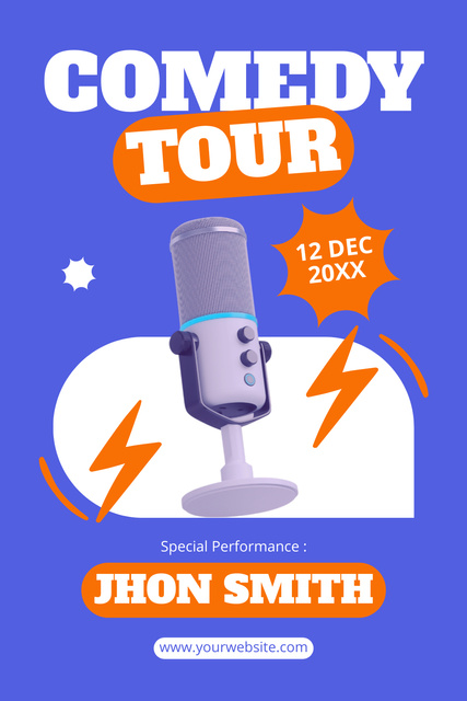 Comedy Tour Announcement with Microphone Illustration Pinterest Design Template