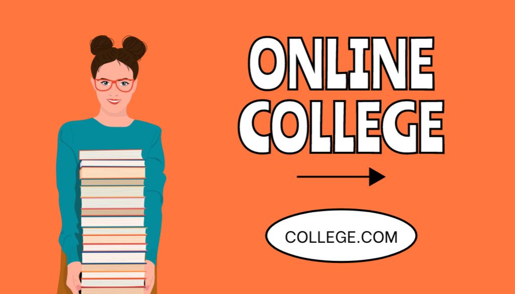 Modèle de visuel Online College Advertising with Girl holding Stack of Books - Business Card US