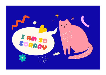 Cute Sorry Message With Pink Cat In Blue Postcard 5x7in Šablona návrhu