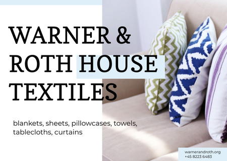 Διαφήμιση οικιακών υφασμάτων με μαξιλάρια στον καναπέ Postcard Πρότυπο σχεδίασης