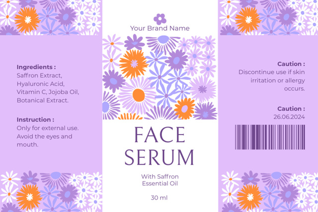 Caring Face Serum Offer With Flowers Pattern Label Tasarım Şablonu