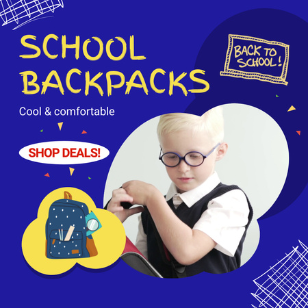 Platilla de diseño Ergonomic Backpacks For School Offer In Blue Animated Post
