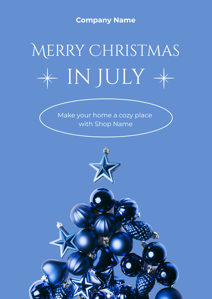 July Christmas Party Announcement with Decorated Tree Flyer A6 tervezősablon