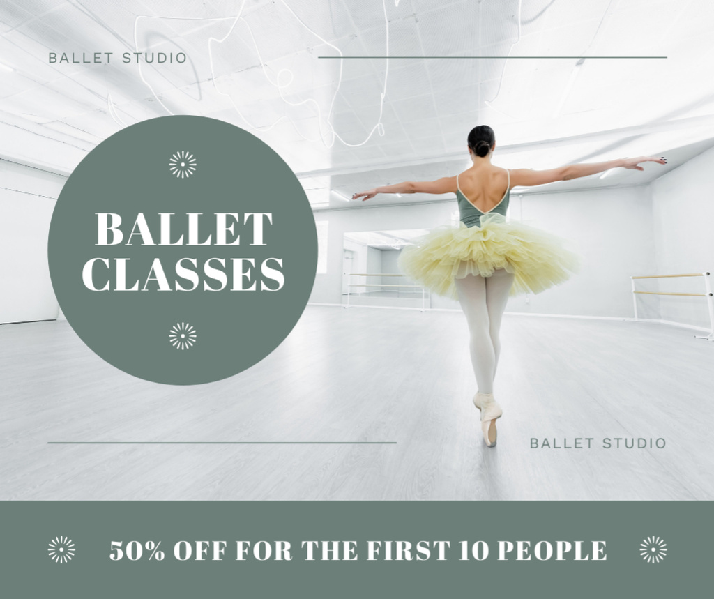 Platilla de diseño Ballet Classes Ad with Ballerina in Studio Facebook