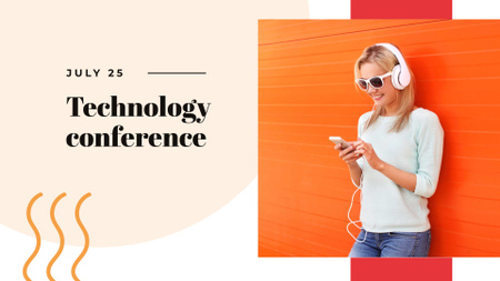Technology Conference with Woman using Headphones FB event cover tervezősablon