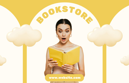 Kirjakaupan mainos naisen kanssa keltaisella kirjalla Business Card 85x55mm Design Template