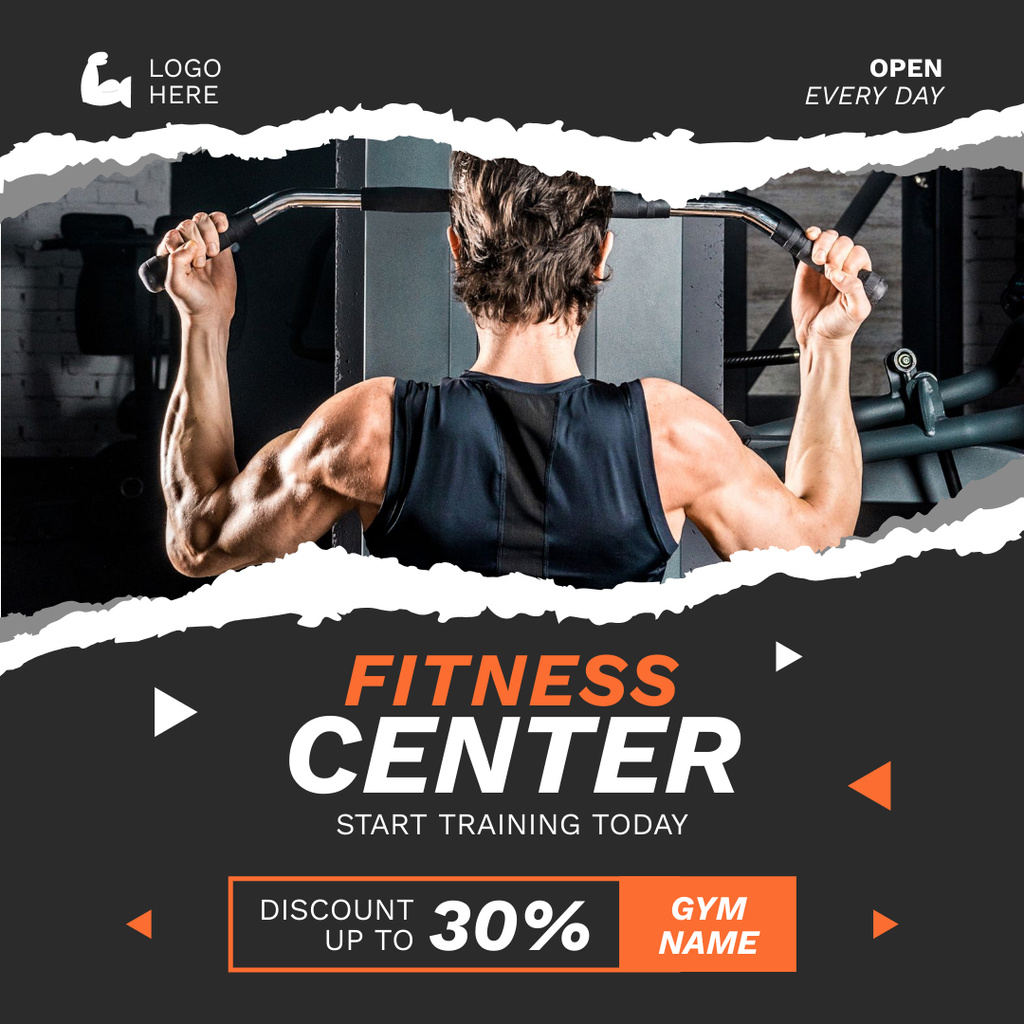 Fitness Center Ad with Bodybuilder Doing Pull Ups Instagram Πρότυπο σχεδίασης