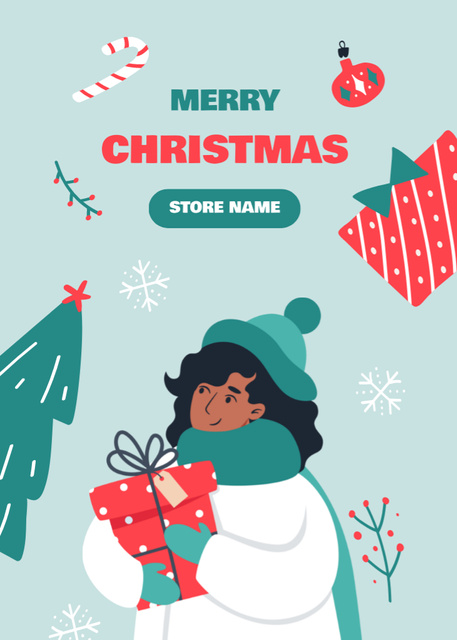 Ontwerpsjabloon van Postcard 5x7in Vertical van Merry Christmas Greeting with Woman Holding Giftbox