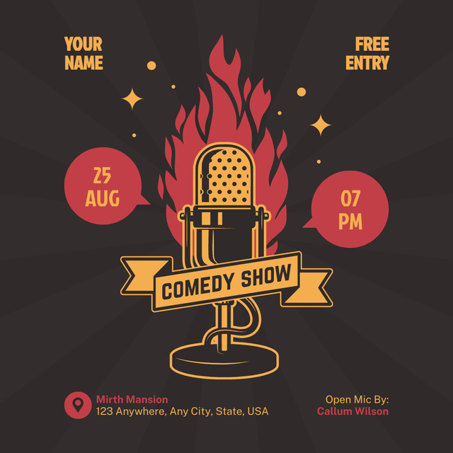 Comedy Show Announcement  with Fire Mic Instagram Design Template