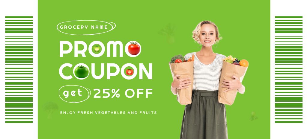 Grocery Store Promotion with Woman on Green Coupon 3.75x8.25in Šablona návrhu