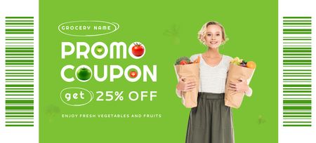 Grocery Store Promotion with Woman on Green Coupon 3.75x8.25in Design Template