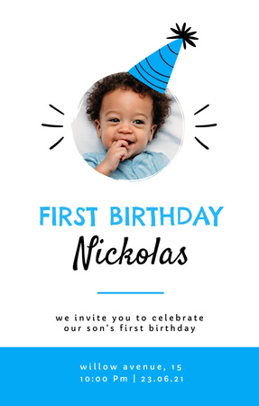 Оголошення про перший день народження маленького хлопчика на синьому Invitation 4.6x7.2in – шаблон для дизайну
