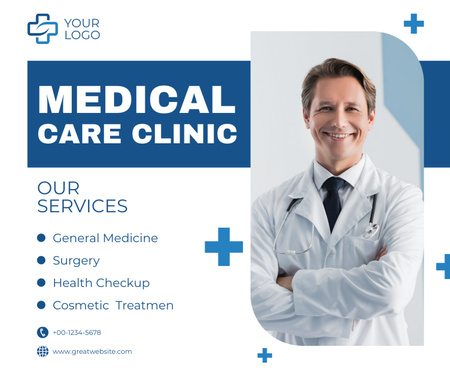 Template di design Medical Care Clinic Services with Smiling Doctor Facebook