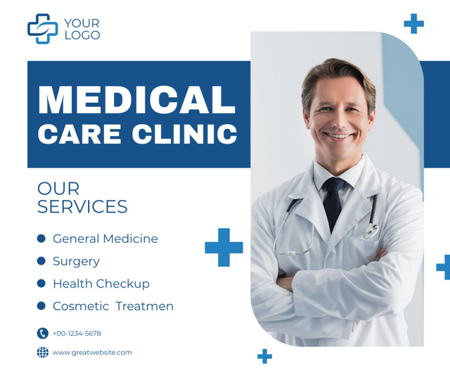 Medical Care Clinic Services with Smiling Doctor Facebook Design Template