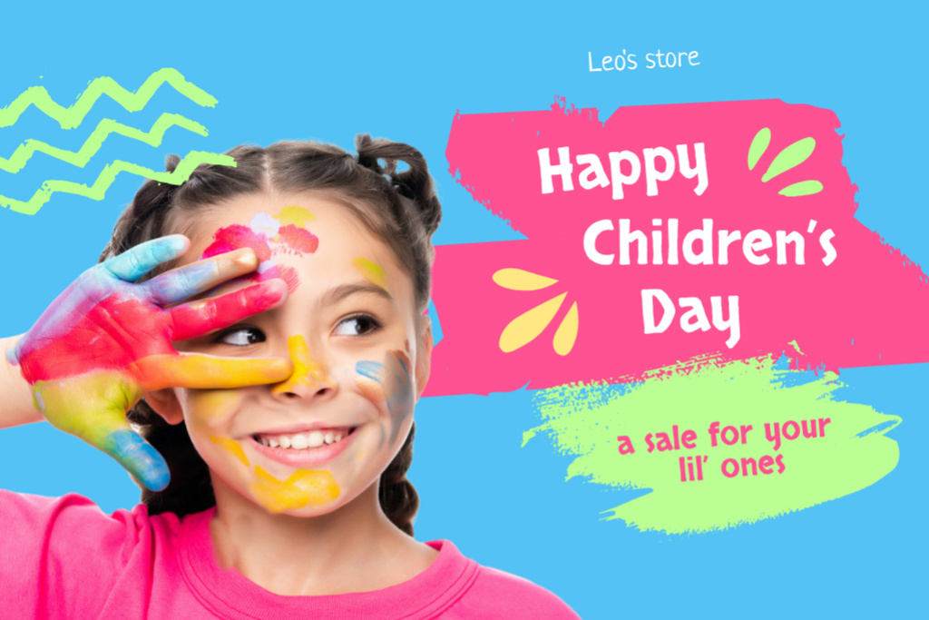 Designvorlage Children's Day Sale Announcement with Bright Paint für Postcard 4x6in