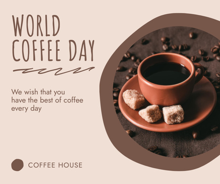 Designvorlage Dunkler Kaffee mit braunen Zuckerwürfeln und Kaffeebohnen für Facebook