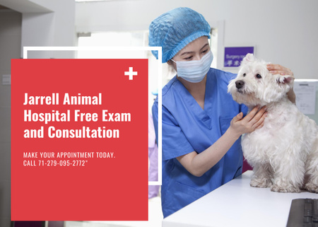 Plantilla de diseño de Anuncio de clínica veterinaria con perro examinador médico veterinario Flyer 5x7in Horizontal 
