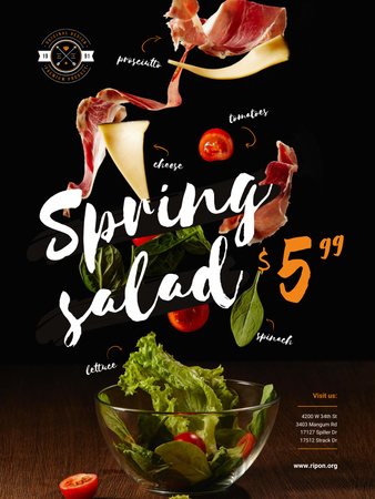 Ontwerpsjabloon van Poster US van Spring Menu Offer with Salad Falling in Bowl