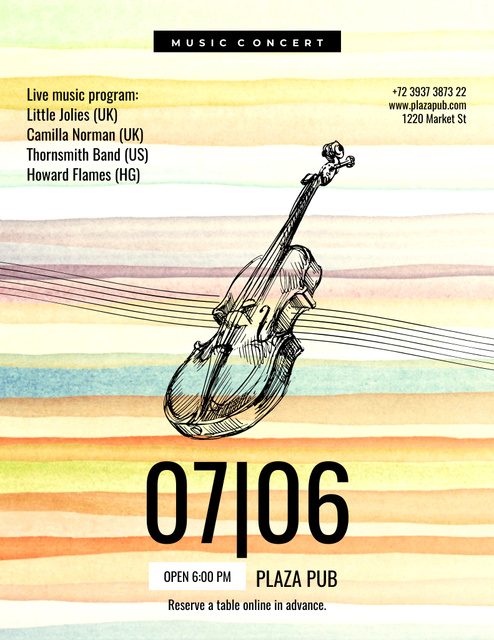 Lovely Music Concert with Sketch of Violin Flyer 8.5x11in Šablona návrhu