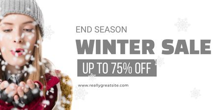 Winter Sale Ad with Woman Blowing Snowflakes off her Hands Twitter Design Template