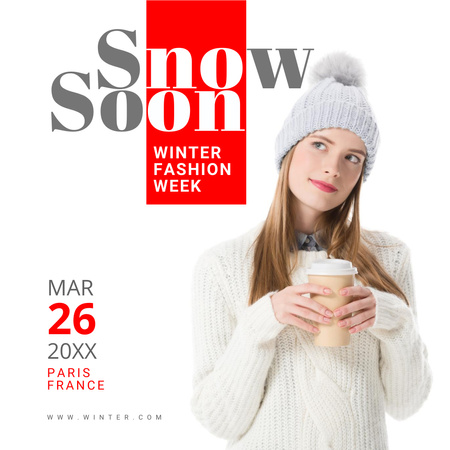 Women's Winter Fashion Week Announcement with Woman in White Knitwear Instagram tervezősablon