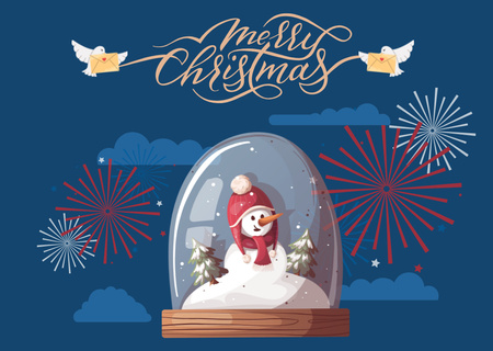Christmas Cheers Fireworks and Snowman in Hat on Blue Postcard Design Template