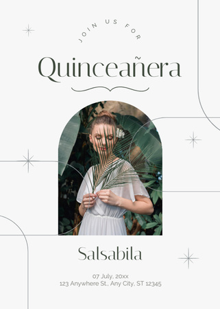 Announcement of Quinceañera with Girl in White Dress Invitation Design Template