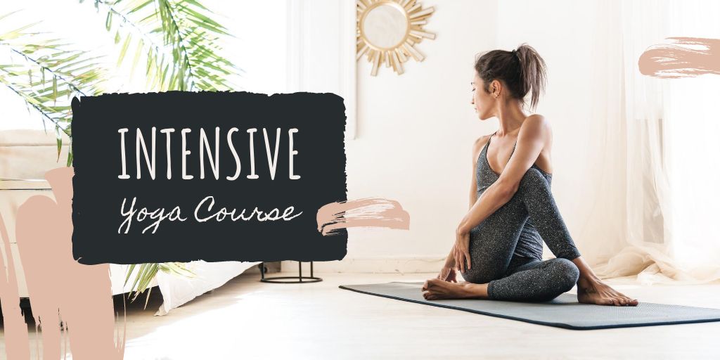 Woman practicing Yoga at home Twitter Design Template