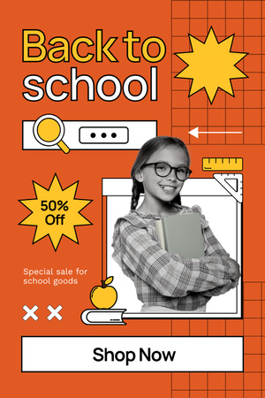 School Items Discount with Girl on Orange Pinterest Design Template